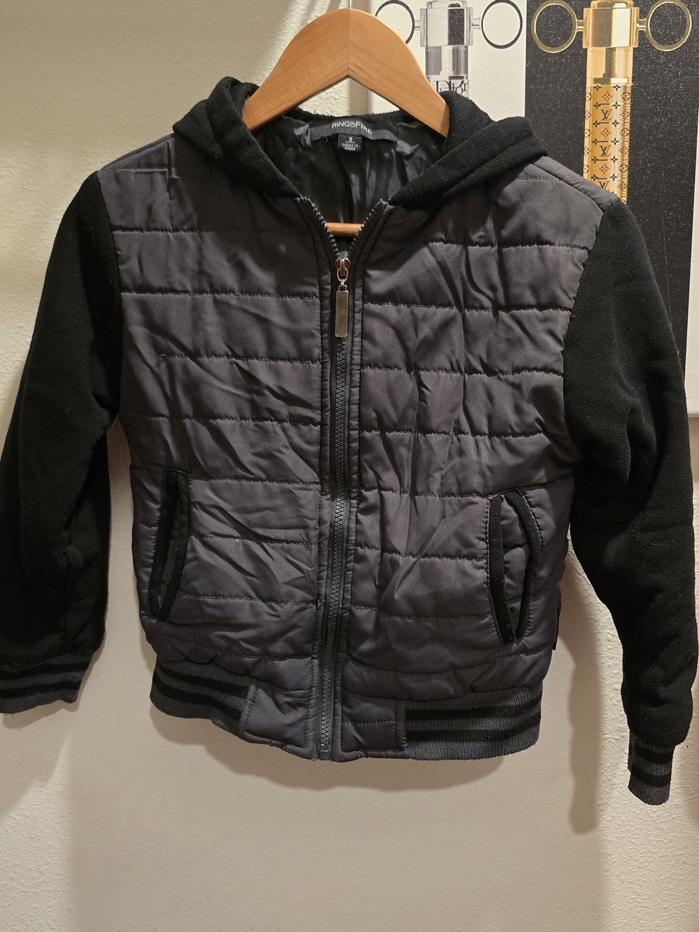 Kids S Quilted Hooded Puffer Jacket - Black and Gray